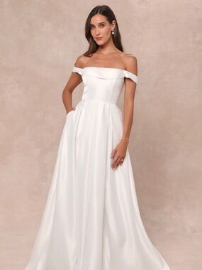 Lulus Extraordinary Vow White Off-the-Shoulder Maxi Dress with Pockets